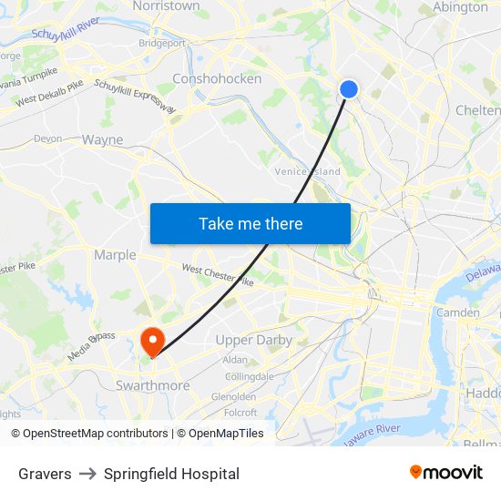 Gravers to Springfield Hospital map