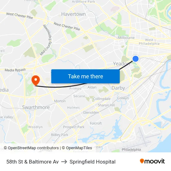 58th St & Baltimore Av to Springfield Hospital map