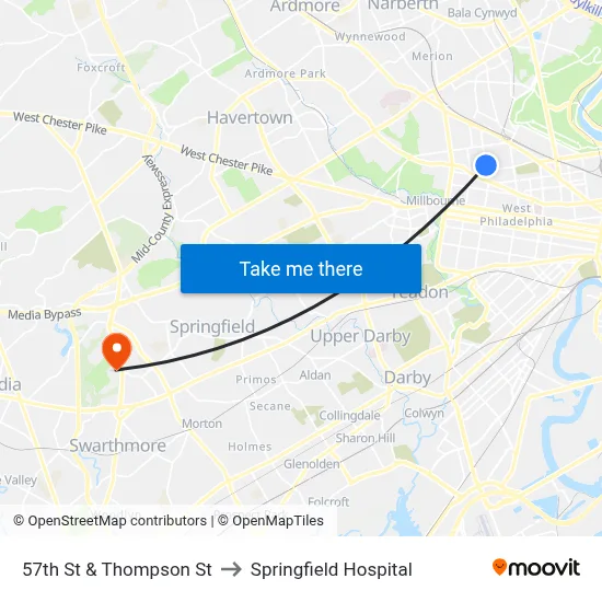 57th St & Thompson St to Springfield Hospital map