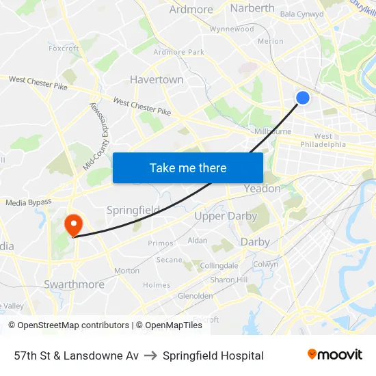 57th St & Lansdowne Av to Springfield Hospital map