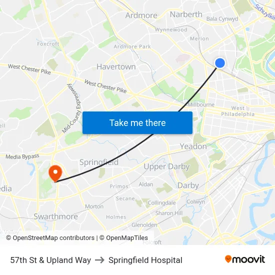 57th St & Upland Way to Springfield Hospital map