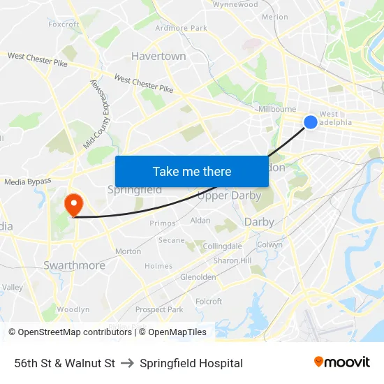 56th St & Walnut St to Springfield Hospital map