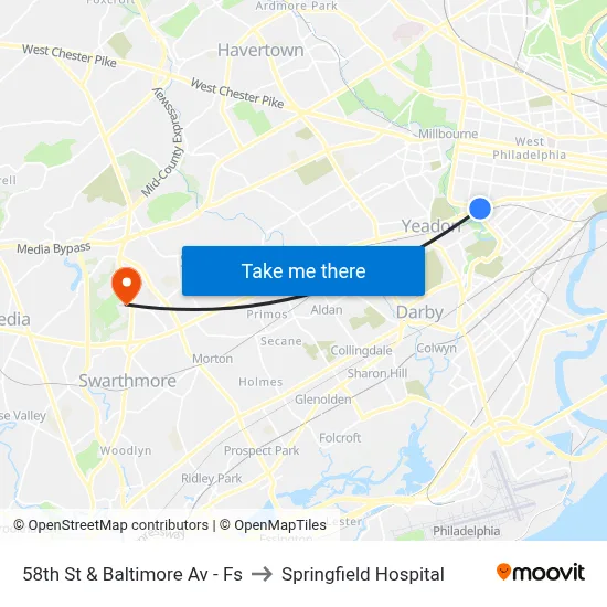 58th St & Baltimore Av - Fs to Springfield Hospital map