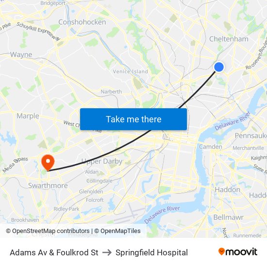 Adams Av & Foulkrod St to Springfield Hospital map