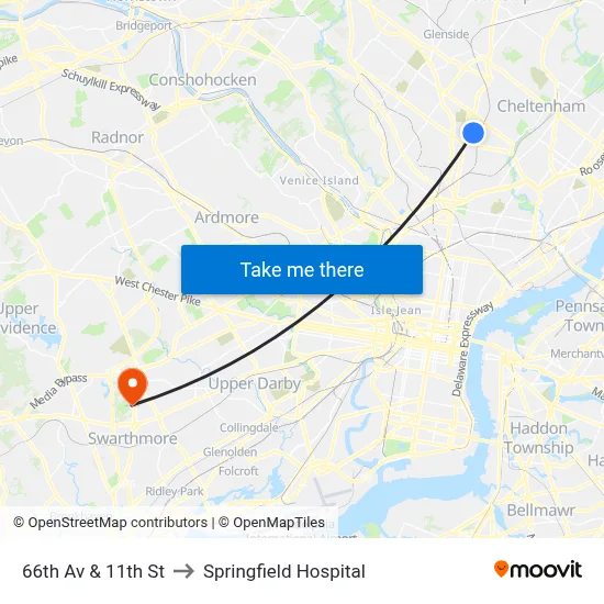 66th Av & 11th St to Springfield Hospital map