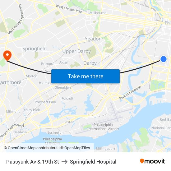 Passyunk Av & 19th St to Springfield Hospital map