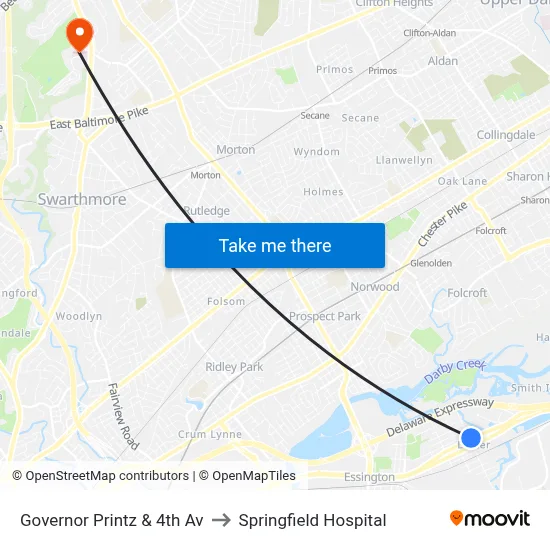 Governor Printz & 4th Av to Springfield Hospital map