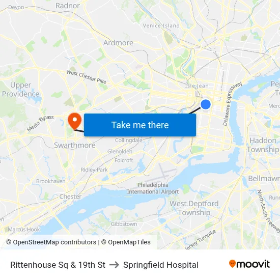 Rittenhouse Sq & 19th St to Springfield Hospital map