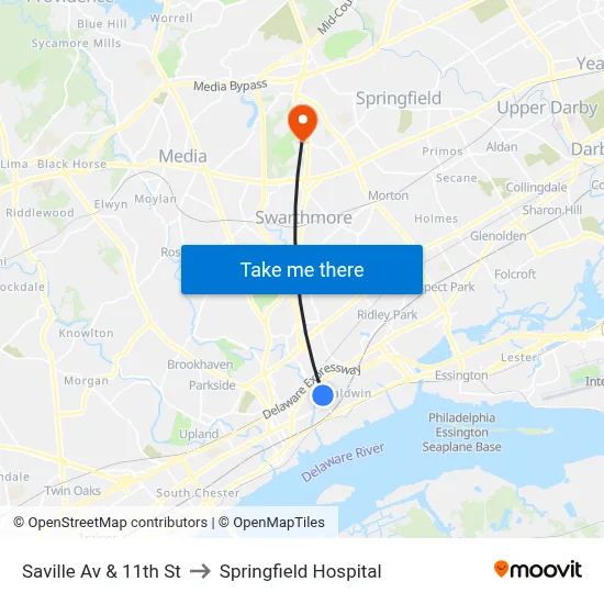 Saville Av & 11th St to Springfield Hospital map