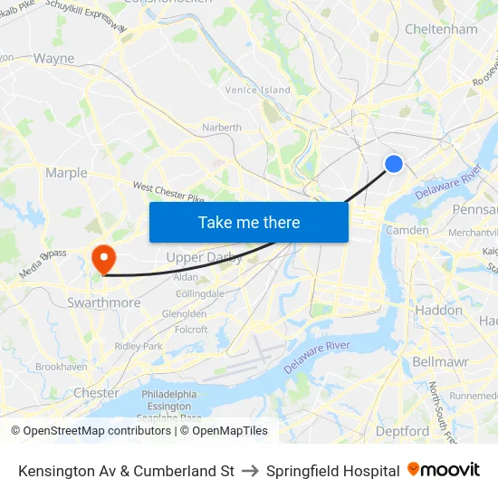 Kensington Av & Cumberland St to Springfield Hospital map