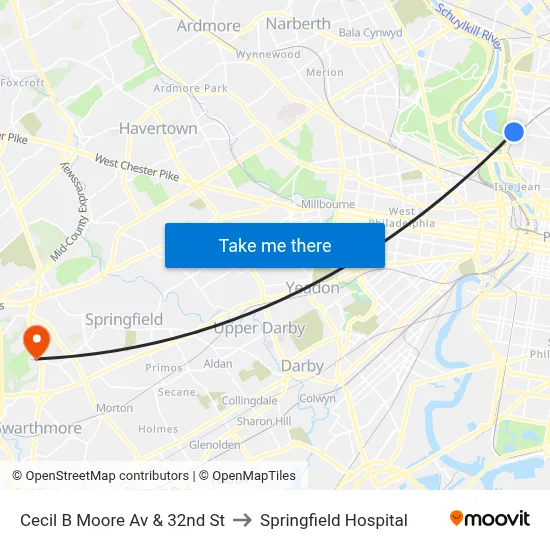 Cecil B Moore Av & 32nd St to Springfield Hospital map