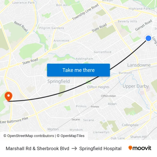 Marshall Rd & Sherbrook Blvd to Springfield Hospital map
