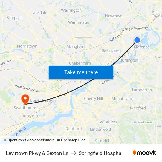 Levittown Pkwy & Sexton Ln to Springfield Hospital map