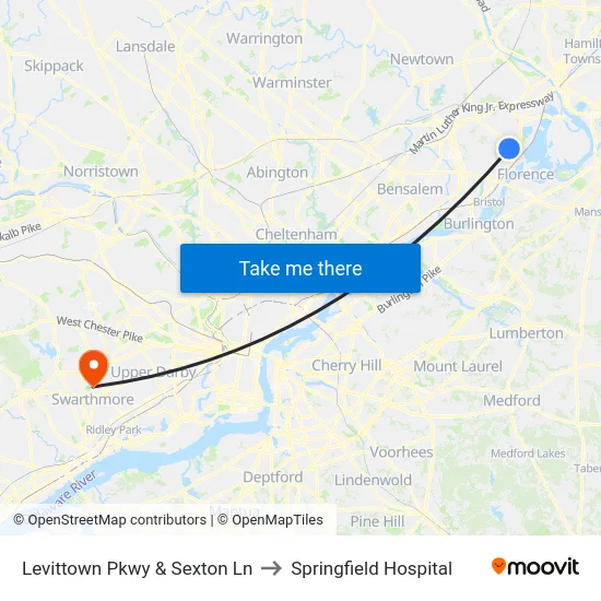 Levittown Pkwy & Sexton Ln to Springfield Hospital map