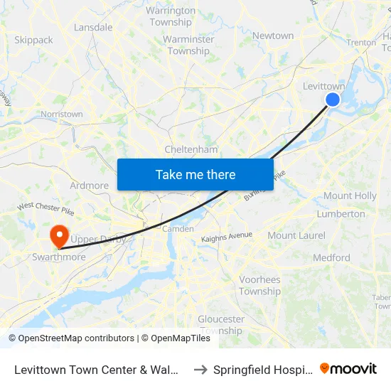Levittown Town Center & Walmart to Springfield Hospital map