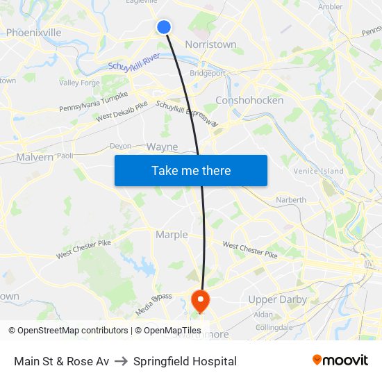 Main St & Rose Av to Springfield Hospital map