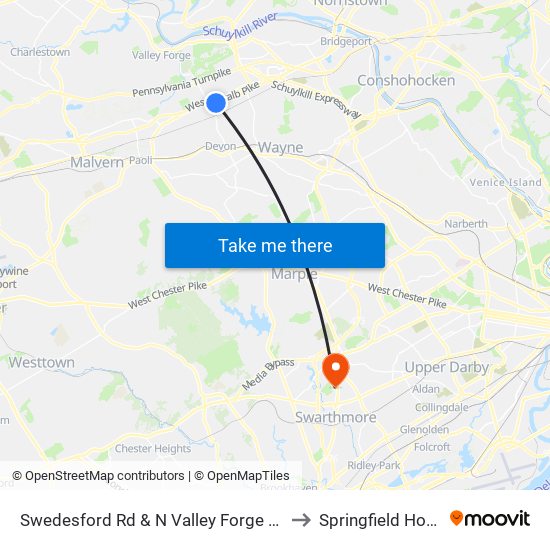 Swedesford Rd & N Valley Forge Rd - Mbfs to Springfield Hospital map