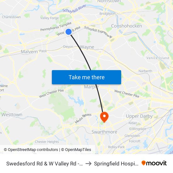 Swedesford Rd & W Valley Rd - FS to Springfield Hospital map