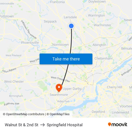 Walnut St & 2nd St to Springfield Hospital map