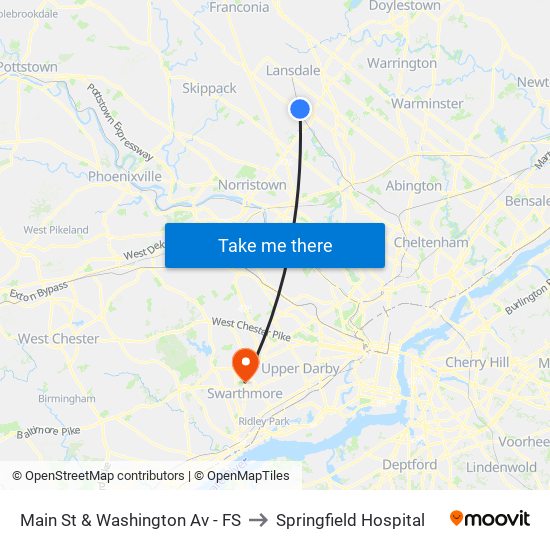 Main St & Washington Av - FS to Springfield Hospital map