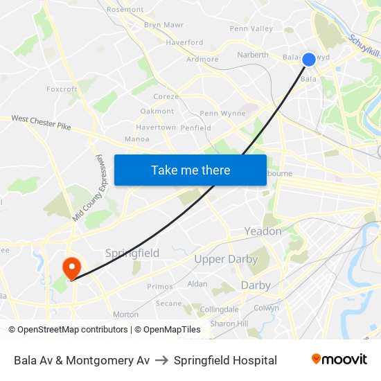 Bala Av & Montgomery Av to Springfield Hospital map