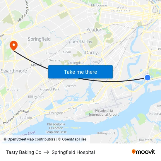 Tasty Baking Co to Springfield Hospital map