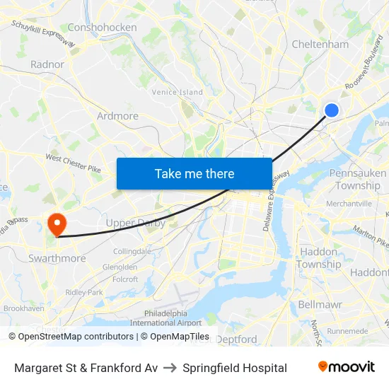 Margaret St & Frankford Av to Springfield Hospital map