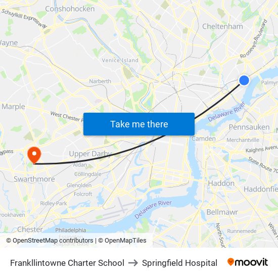 Frankllintowne Charter School to Springfield Hospital map