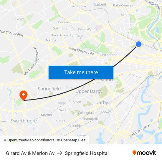 Girard Av & Merion Av to Springfield Hospital map