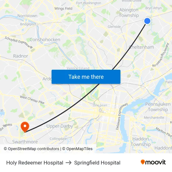 Holy Redeemer Hospital to Springfield Hospital map
