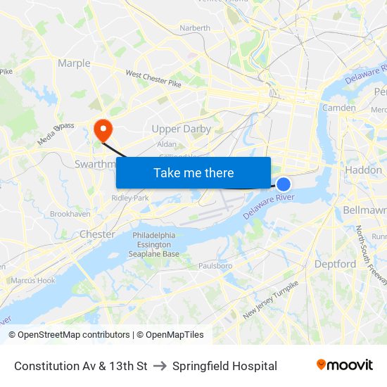 Constitution Av & 13th St to Springfield Hospital map