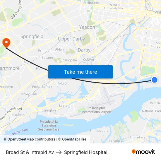 Broad St & Intrepid Av to Springfield Hospital map