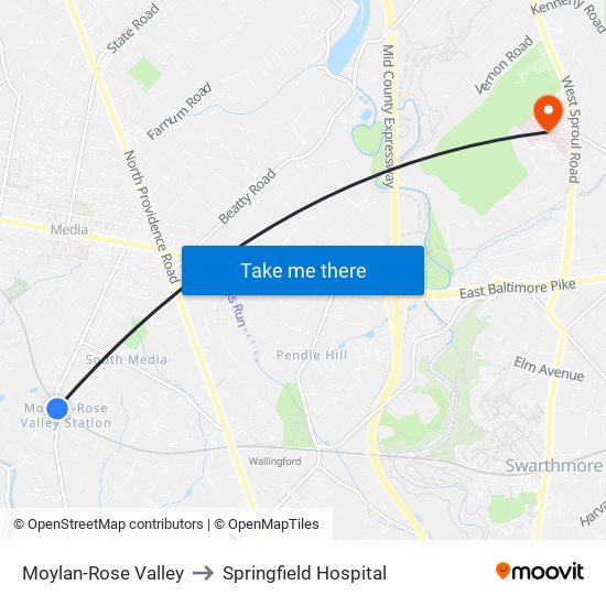 Moylan-Rose Valley to Springfield Hospital map