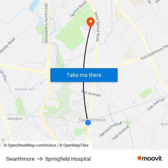 Swarthmore to Springfield Hospital map