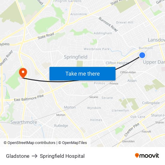 Gladstone to Springfield Hospital map