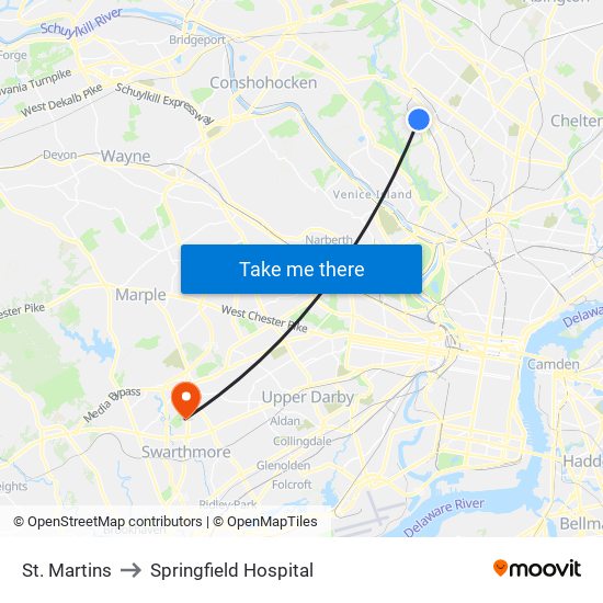 St. Martins to Springfield Hospital map