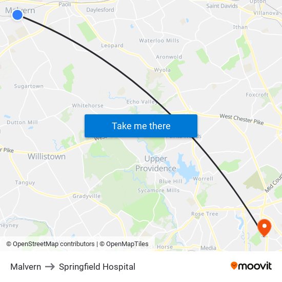 Malvern to Springfield Hospital map