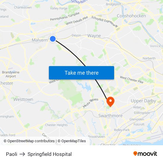 Paoli to Springfield Hospital map