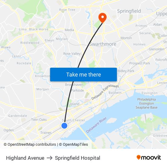 Highland Avenue to Springfield Hospital map