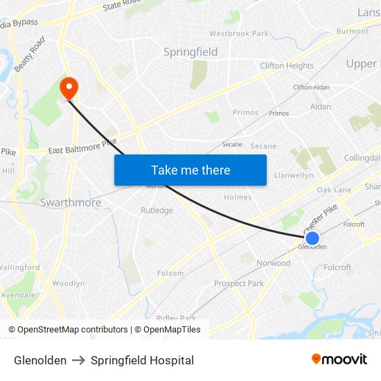 Glenolden to Springfield Hospital map