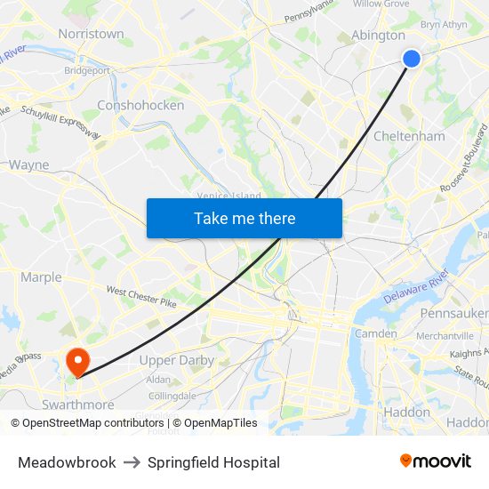 Meadowbrook to Springfield Hospital map