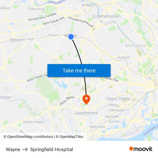 Wayne to Springfield Hospital map