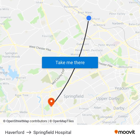 Haverford to Springfield Hospital map