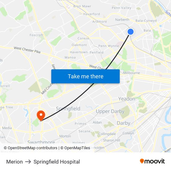 Merion to Springfield Hospital map
