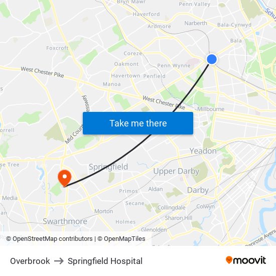 Overbrook to Springfield Hospital map