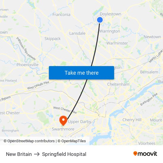 New Britain to Springfield Hospital map