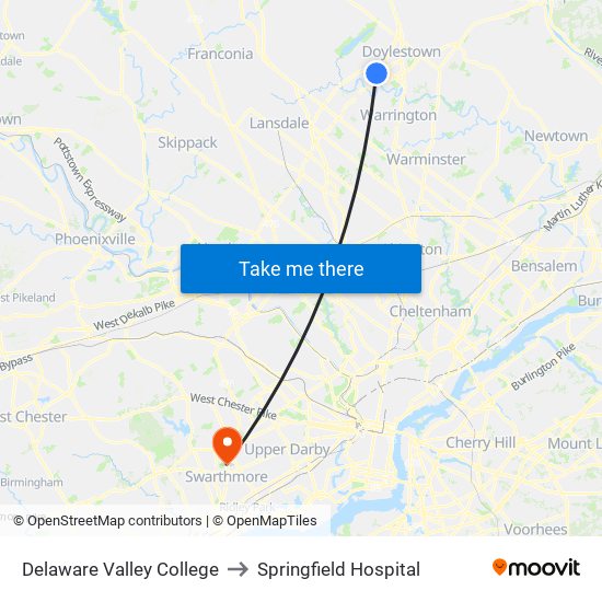 Delaware Valley College to Springfield Hospital map
