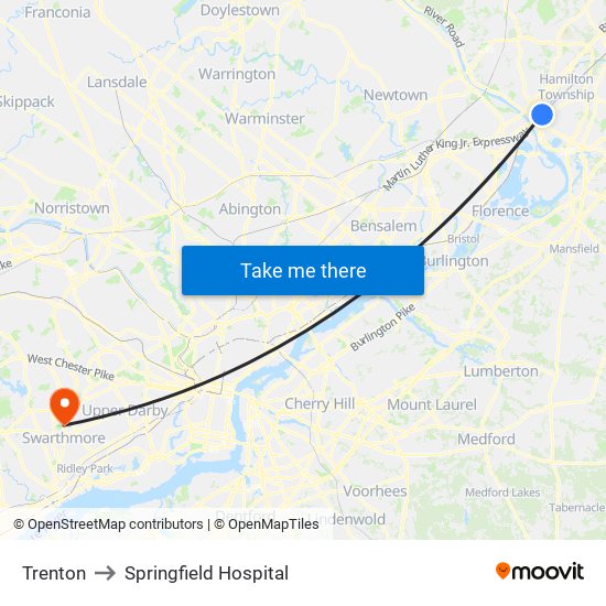 Trenton to Springfield Hospital map