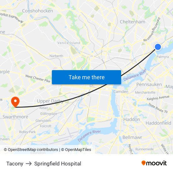 Tacony to Springfield Hospital map