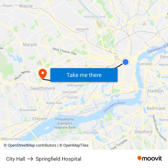 City Hall to Springfield Hospital map